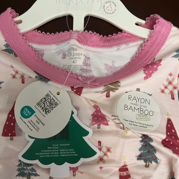 Milkberry 3 Piece Bamboo Pajama Set Pink Christmas Holiday Trees 4T - Picture 3 of 5